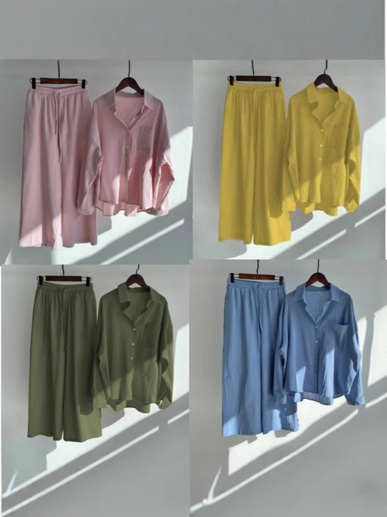 AliExpress Cross-border plus size Women's Spring Two-piece Women's Retro High Waist Loose Wide-leg Cropped Pants Shirt suit