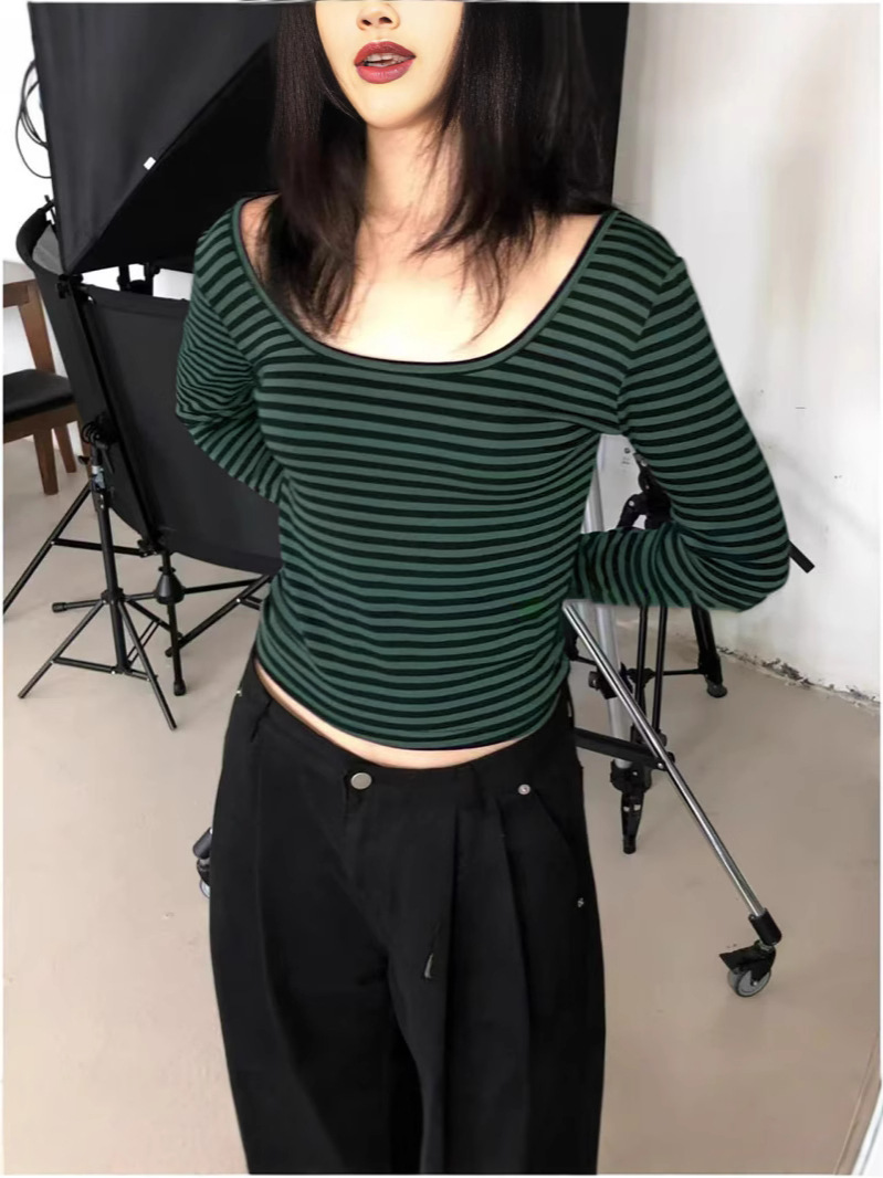 Cross-border New Sweater Striped T-shirt All-match Long-sleeved Top Design Sense Autumn Slimming U-collar Long-sleeved T-shirt