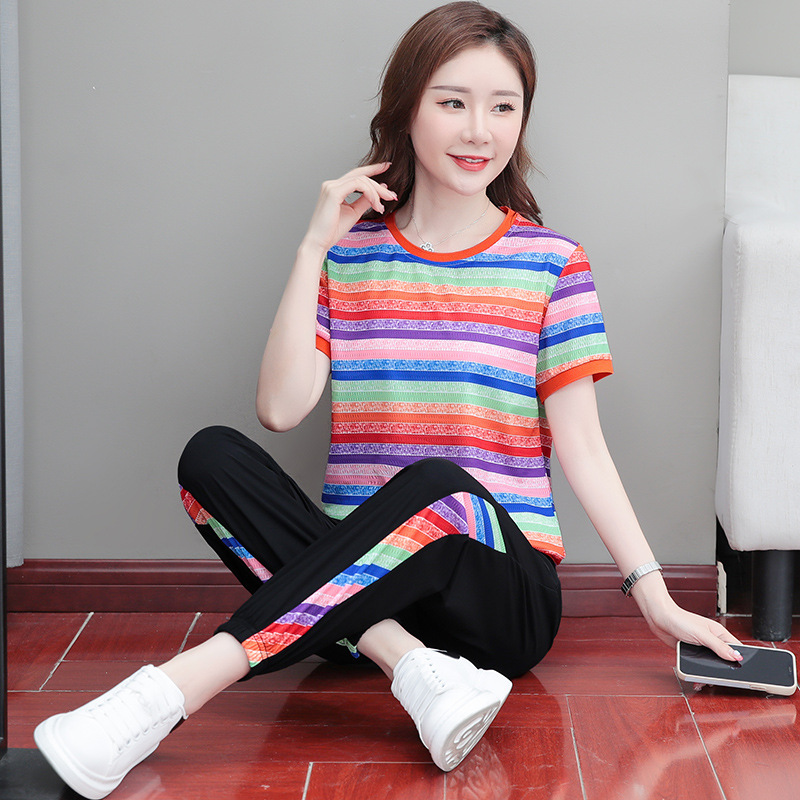 Picture of Ice Line Quick-drying Stretch Vertical Fashion Casual Sports Suit Women's Summer Thin Mesh Breathable Striped T-shirt Trendy