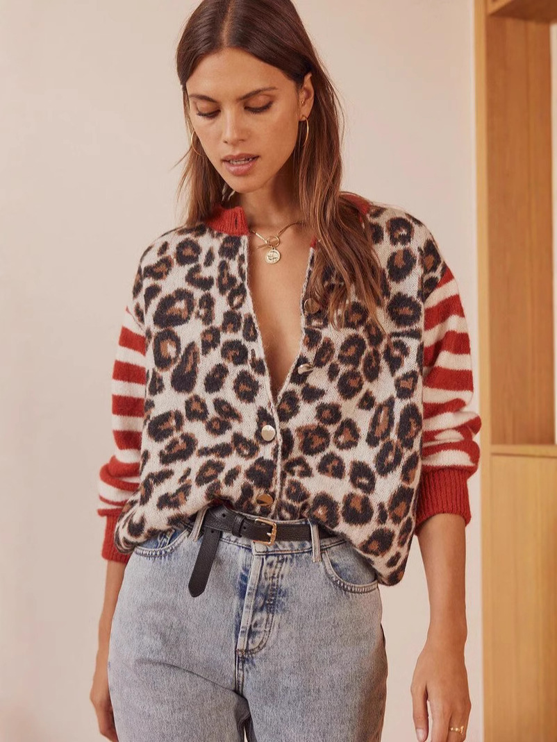 2024 winter new round neck retro commuter casual versatile leopard print bristle contrast color top women's cardigan coat