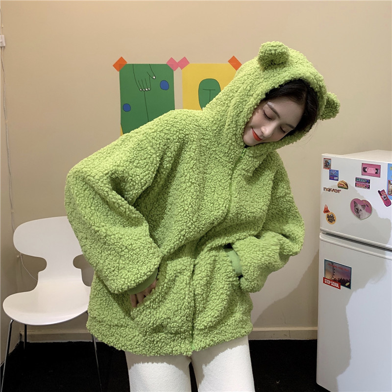 Age-reducing Cute Ear Lamb Wool Short Coat Women's Autumn and Winter New fleece-lined Thickened Hooded Cotton-padded Jacket Niche Top