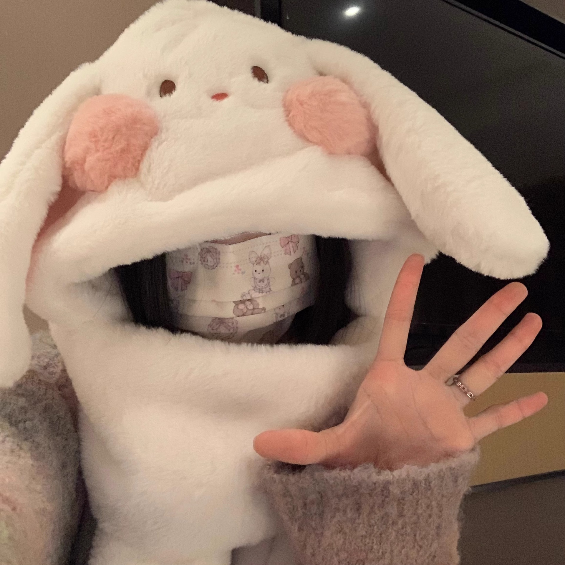 Winter plush hat scarf gloves one female rabbit autumn and winter three-piece cute thick scarf warm windproof