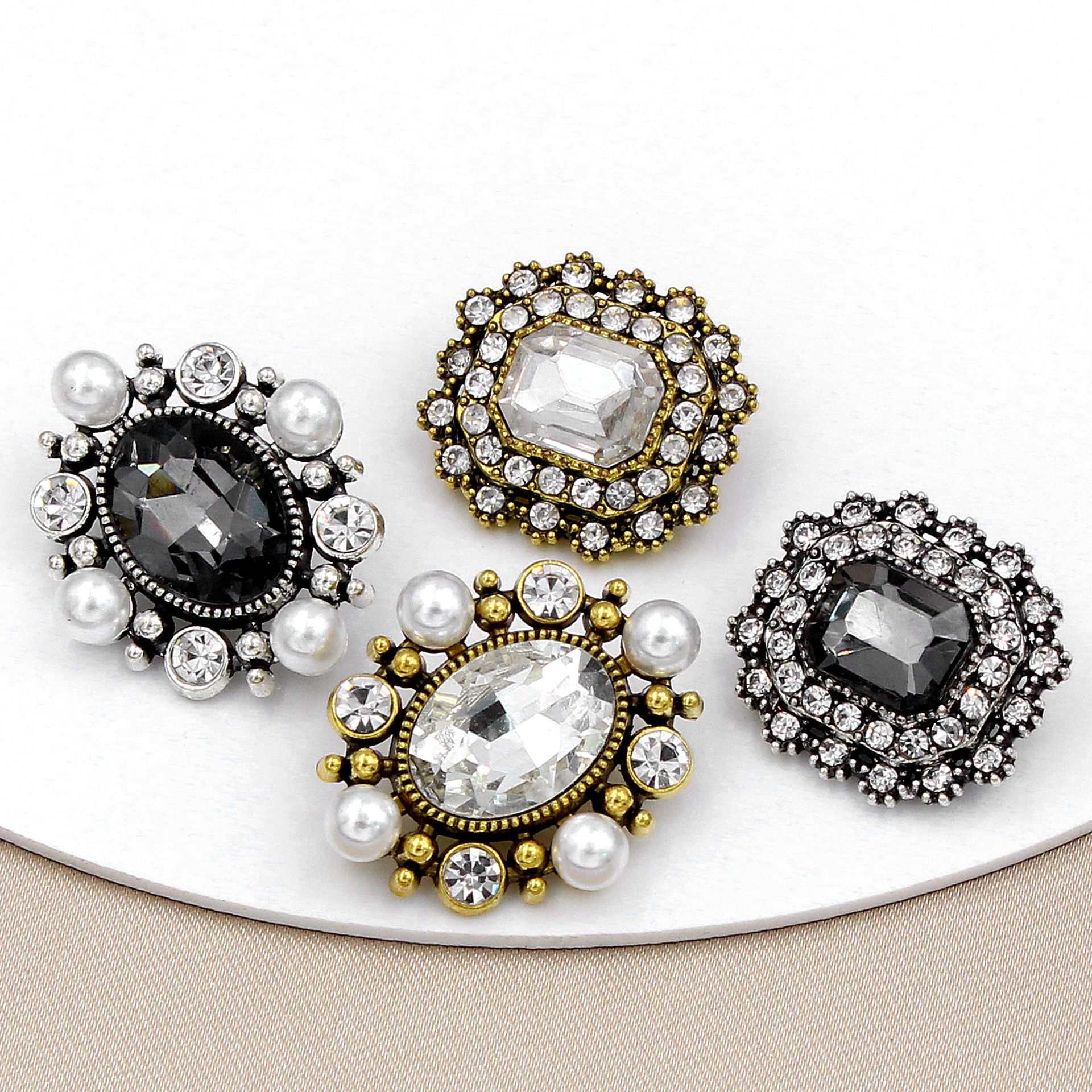 Glass Oval Colored Diamond Gray Glass Buttons Vintage Long Octagonal Metal High-Quality Chanel-Style Fashion Buttons