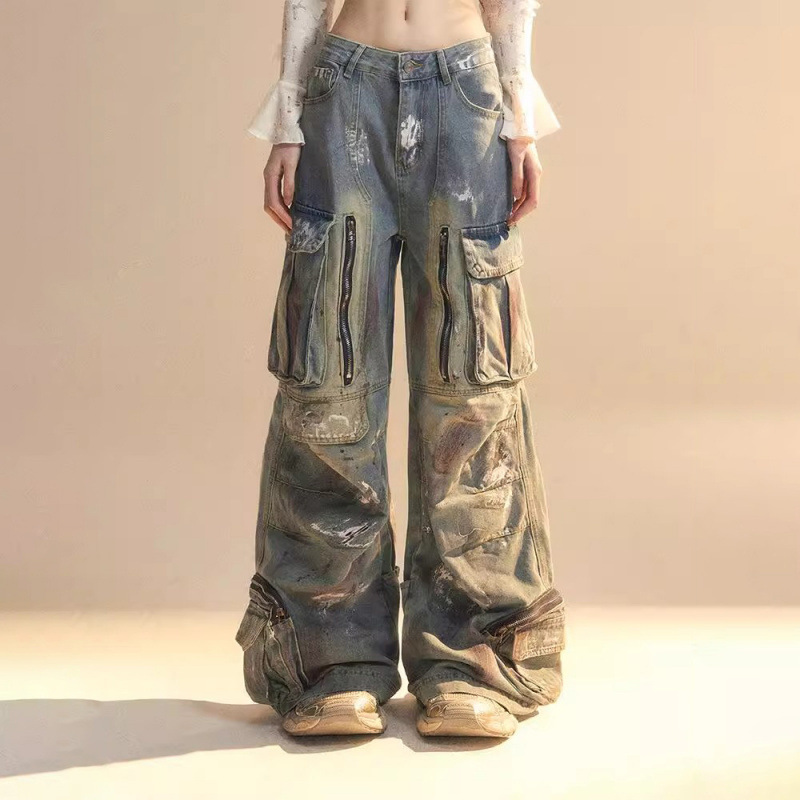American Style High Street Multi-Pocket Design Sense Wide Leg Jeans Women's 2025 Summer New Loose Slim Look Overalls