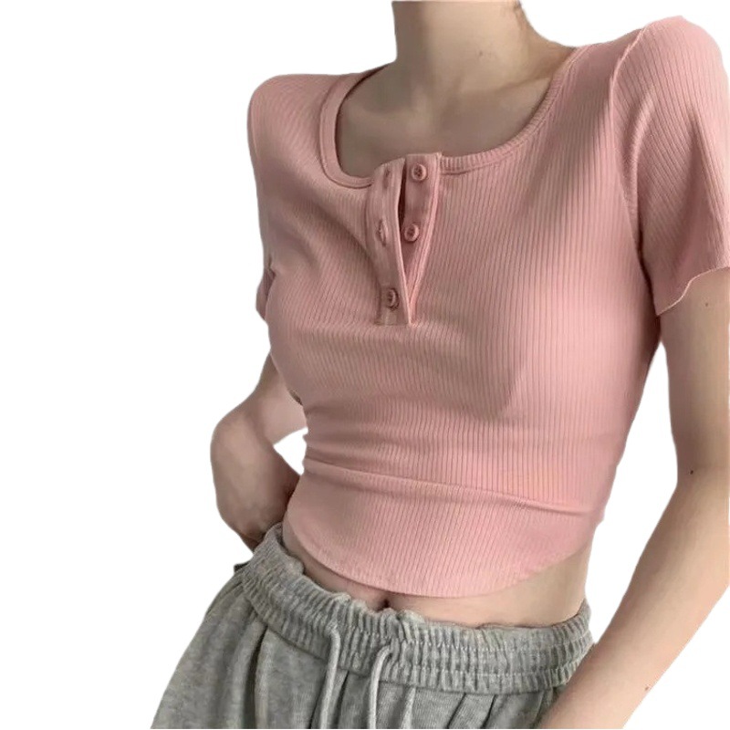 Pure Desire Style T-shirt Women's Ins Fashionable Summer Pink Sweet Spice Girl Irregular Chic Slim-fit Slimming Short-sleeved Top