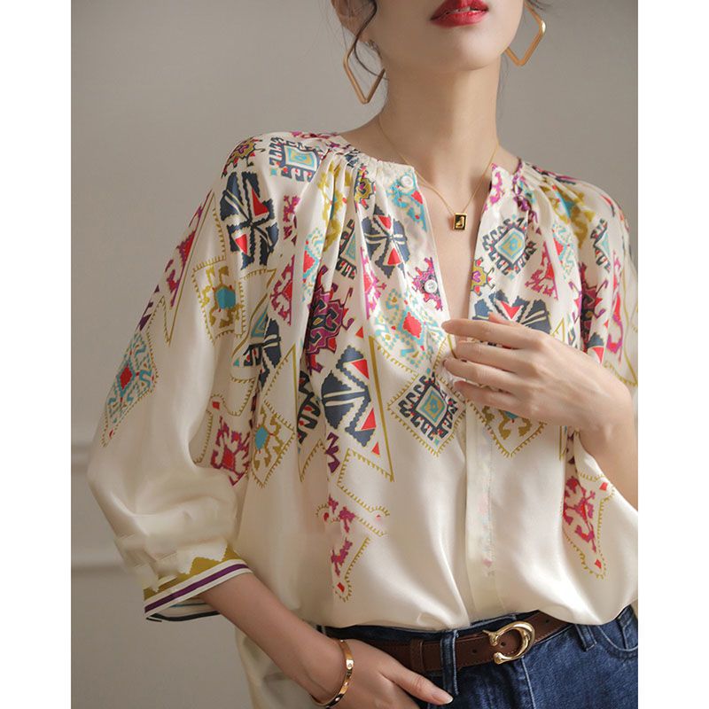 Spring and Autumn Women's Fat mm2024 New French Style Fashion Ethnic Style Top Positioning Printed Wearing Shirt for Women