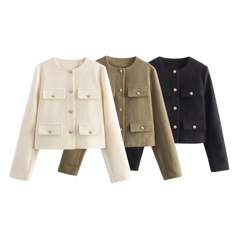 2023 Round Neck Autum New European and American Style Multi-Color Round Neck Basic Flip-Up Round Neck Short Fashion Jacket