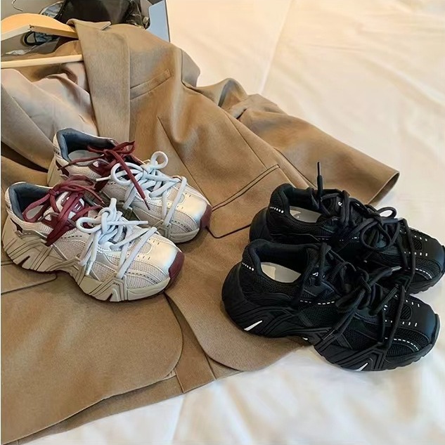 Grape Mom Same Pictorial Girl's Fashionable Double Shoelace Mesh Stitching Thick Bottom Increased Daddy Shoes Women's Genuine Leather
