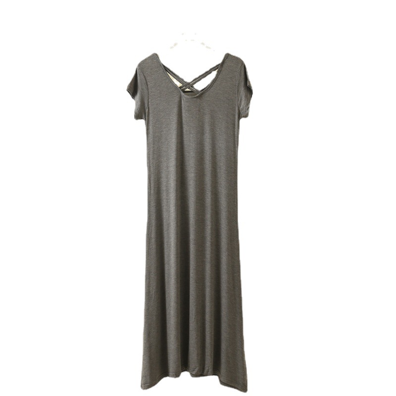 Picture of Modal Beautiful Back Cross Sexy Long Skirt Elegant Simple Short-Sleeved Dress Summer Thin Stripesd Skirt