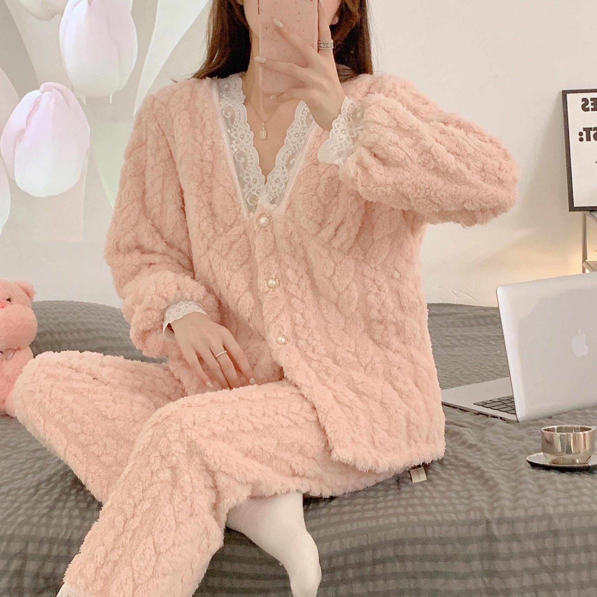 Winter Internet celebrity new plush water ripple jacquard long-sleeved pajamas women's thickened warm home wear suit