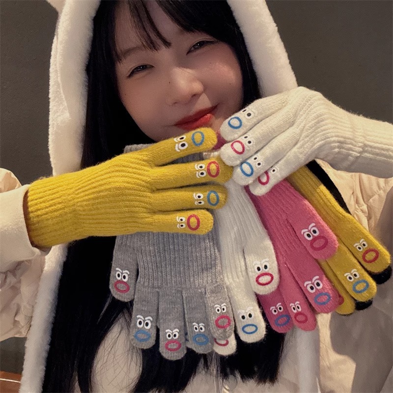 Cute funny ugly cute expression open finger touch screen five finger gloves female autumn and winter knitted wool warm cycling student