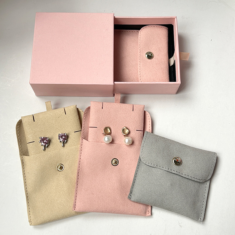 Microfiber Snap Button Jewelry Bag Custom Logo Earrings Flannel Bag Jewelry Storage Packaging Necklace Holder suit