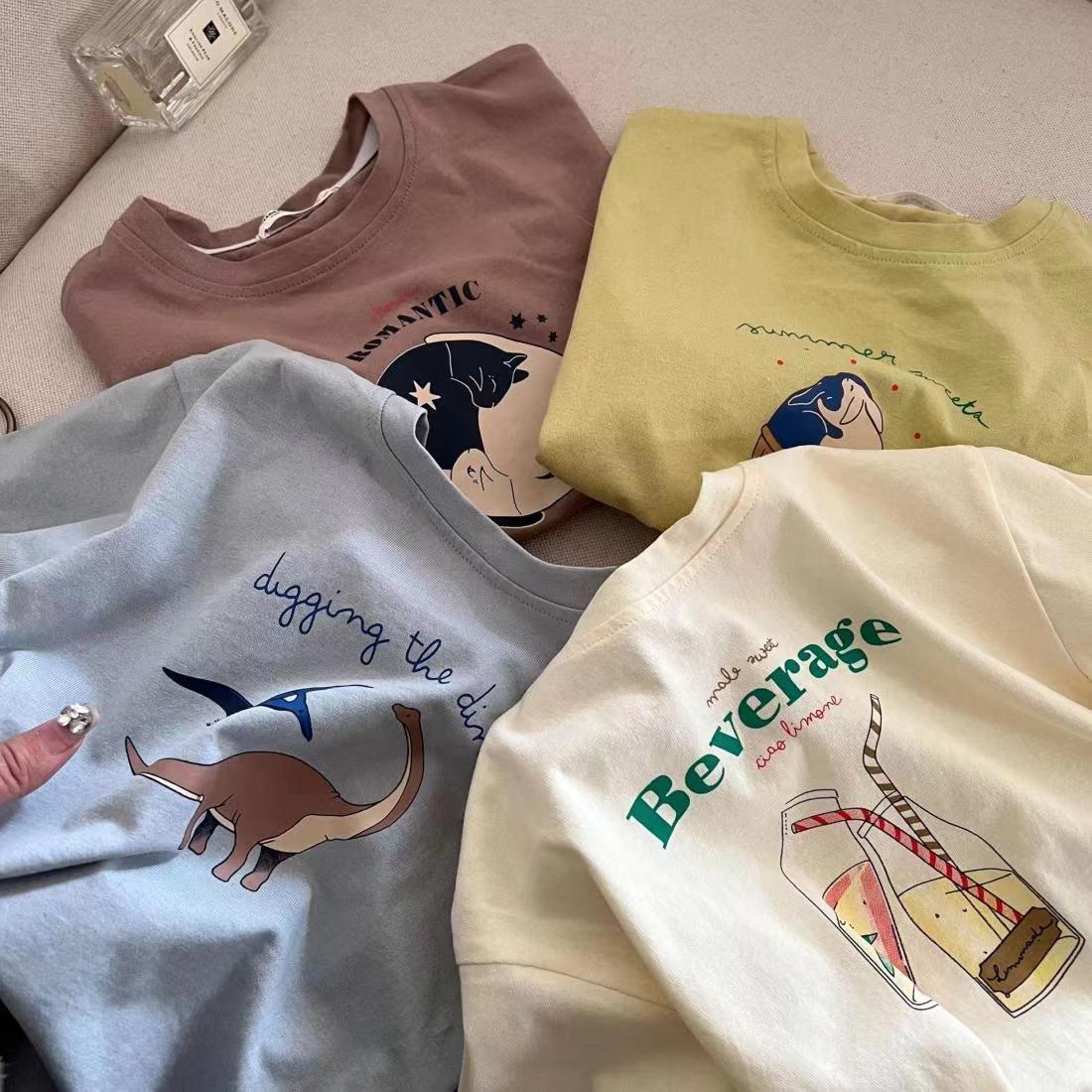 Picture of Children's Pure Cotton Short-Sleeved Tops 2024 Summer Cartoon Printed Half-Sleeved T-Shirts for Kidsren and Middle-Aged Kidsren Summer Clothes