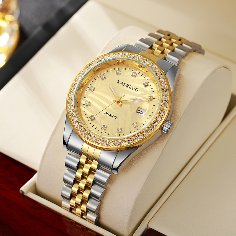 Picture of Watch for Men with Diamond Inlay, Couple's Steel Band, Calendar, Student, Adult, Fully Automatic Quartz Watch, Metal Scale, Large Dial