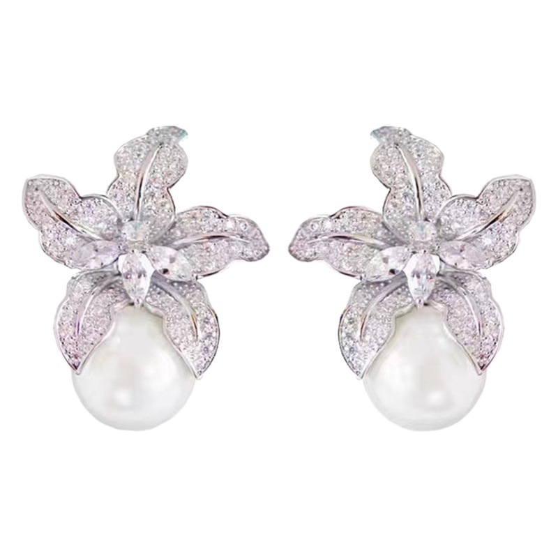 s925 Silver Needle New Super Flash Full Diamond Lily Flower Earrings Women's Light Luxury Elegant Pearl Earrings Distinctive All-match Earrings