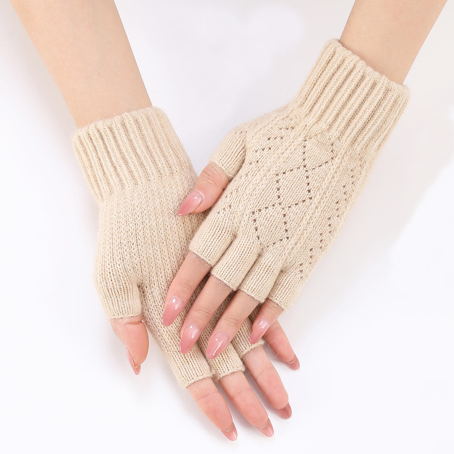 G672 Diamond-Shaped Cut Out Finger Arm Sleeves New Autumn and Winter Women's Knitted Wool Warm Wrist Guards Fashionable Fingerless Sleeves