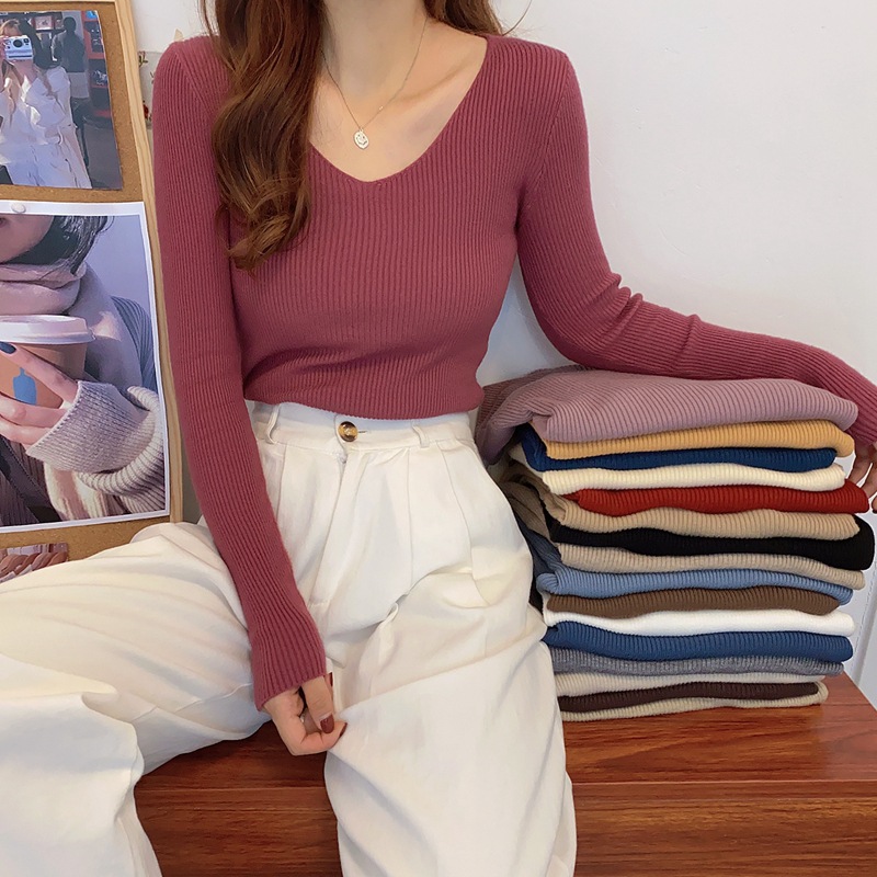 Sweater Women's 2024 New Autumn Slim-fit Inner Base Shirt Women's Knitted Shirt Tight Long-sleeved V-neck Top Women's Clothing