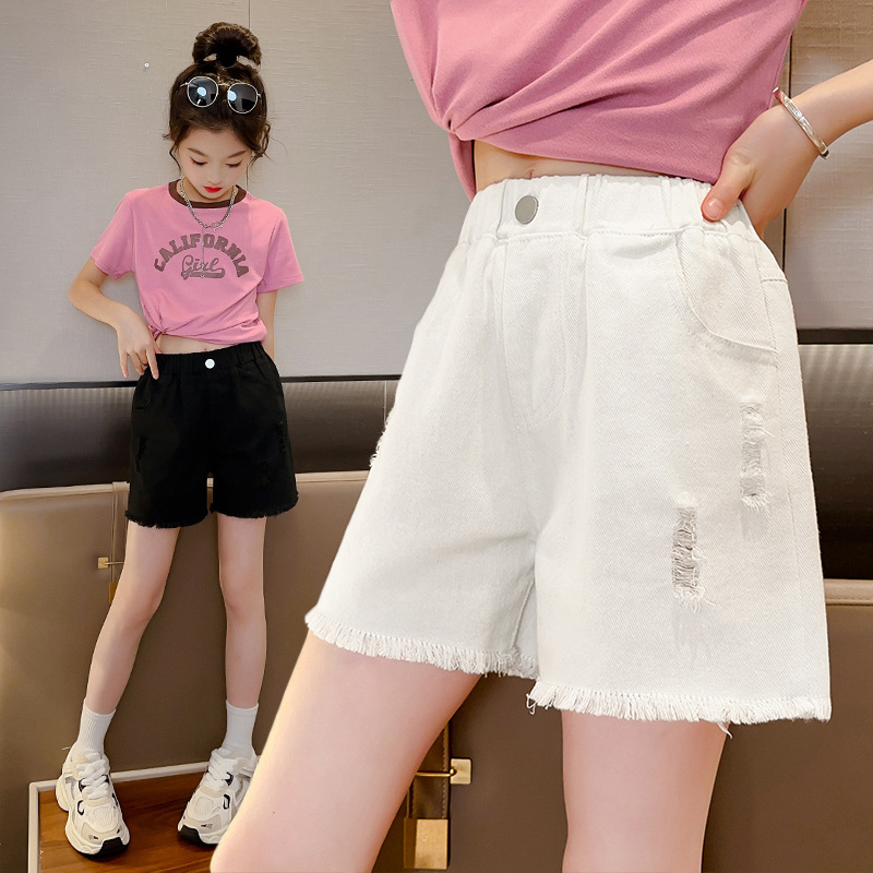 Girls Shorts 2025 Summer Fashionable Ripped Hot Pants for Big Children Manufacturer Wholesale 6-16 Years Old Outerwear Trendy Children's Pants