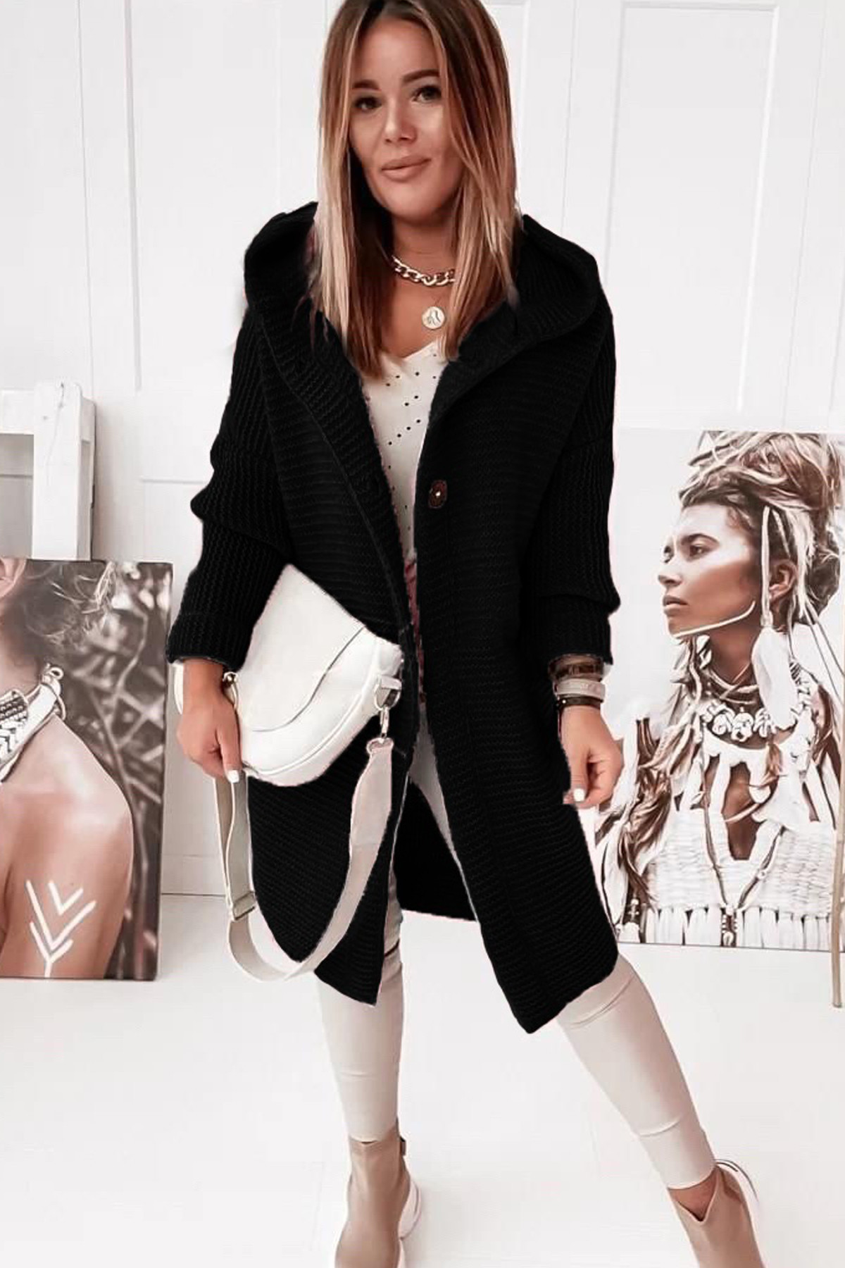 Picture of 2025 New Hooded Knitted Sweater Hat Collar Temperament Commuting Loose Women's Cardigan Large Size Cross-Border Sweater Sweater