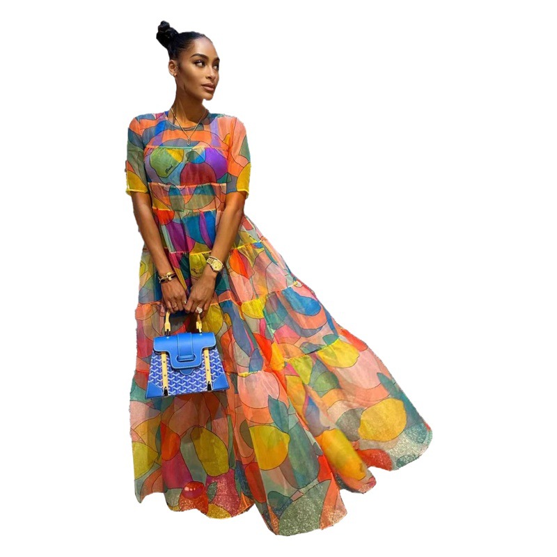 31272 cross-border supply of European and American women's new Amazon independent station wholesale hot mesh printing dress
