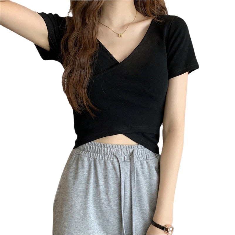2025 New Summer Design Crossover Versatile Slimming Look Short-Sleeved T-Shirt for Women Korean Style Short Pure Color Top for Women