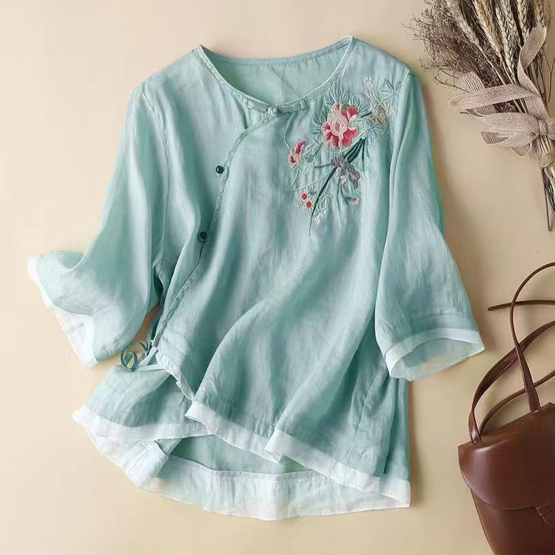 Cotton and Linen Button Design Embroidered Three-Quarter Sleeve Ethnic Style 2025 Summer New T-Shirt Diagonal Lapel Short-Sleeved Top Trendy