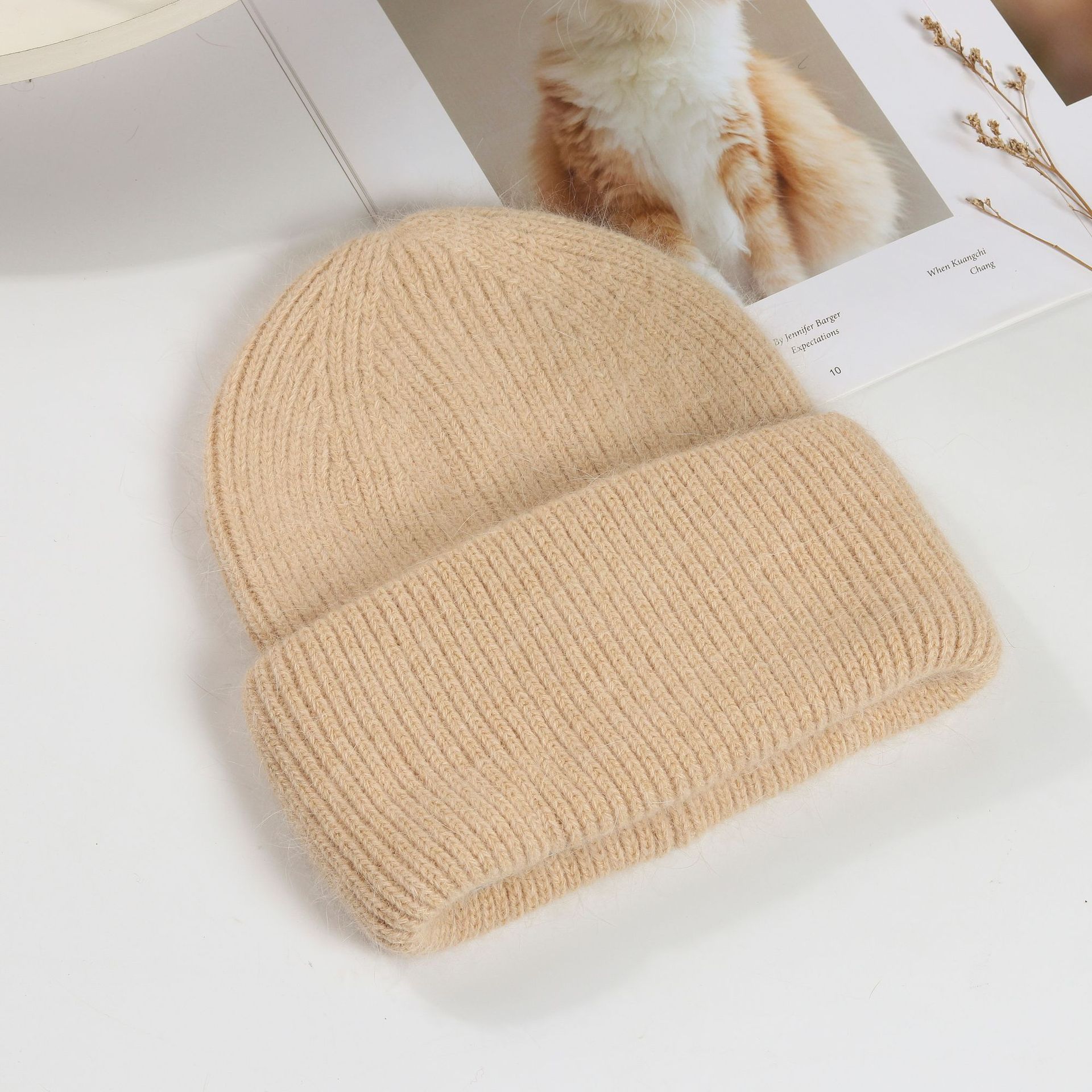 Picture of Korean Winter Knitted Hat with Large Brim for Women, Windproof Pullover Round-Top Adult Rabbit Fur Wool Hat