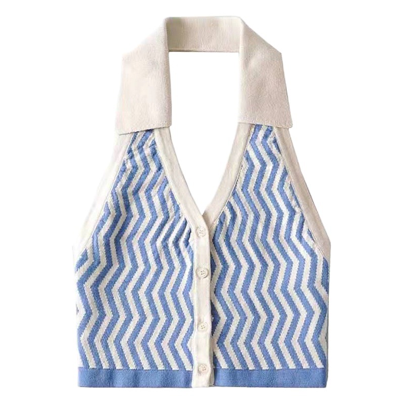 2023 European and American Fashionable and Versatile Blogger Style Wavy Halter Lapel Vest Sexy Backless Short Top