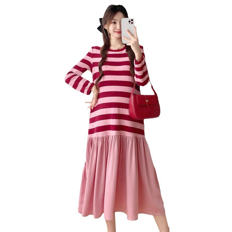 Picture of Pregnant women's clothing 2024 autumn new chubby girl loose long sleeve striped stitching sweater skirt women's long dress tide