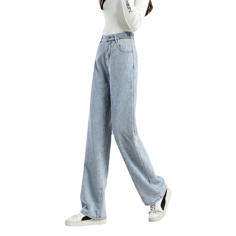 Fleece-lined thick small straight pants versatile Korean style loose mop draping slimming warm high waist jeans for women