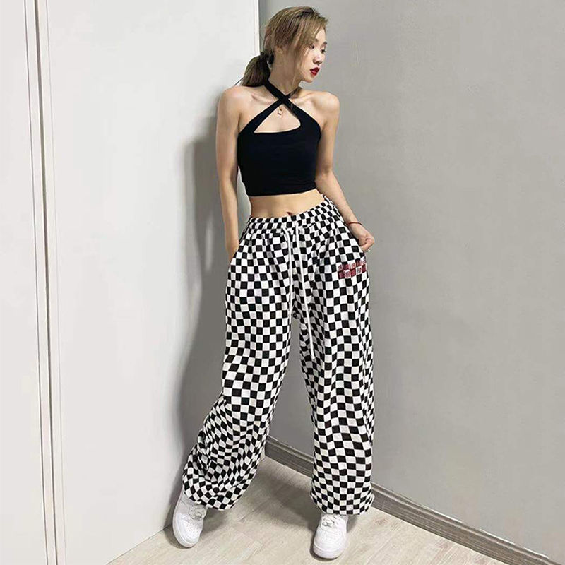 Black and White Chessboard Plaid Pants Women's Hip-hop 2024 Loose Wide-leg Trendy Jazz Dance Casual Sports Pants High Street Trendy