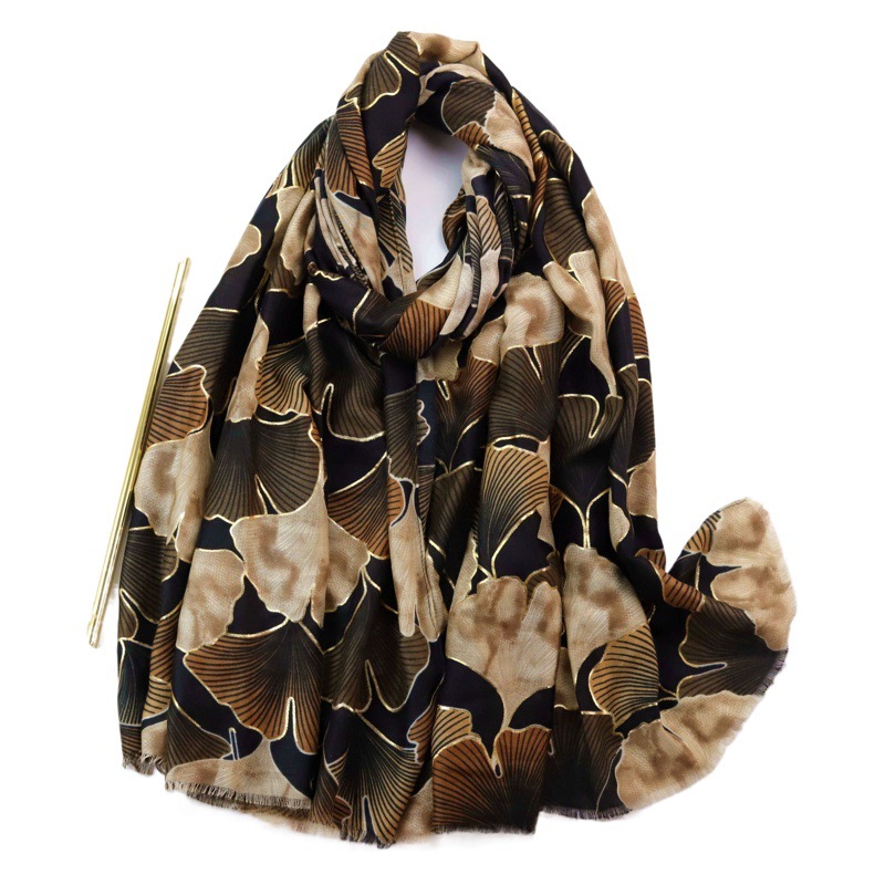 Picture of Factory Sold Cross-border Foreign Trade Bronzing Color Ginkgo Printed Long Scarf Satin Cotton Women's Autumn and Winter Scarf Warm Sunscreen Shawl