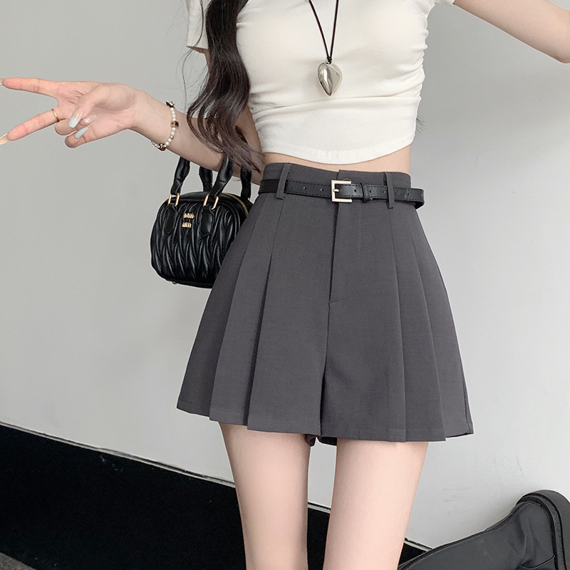Grey Suit Pleated Short Pants Skirt Women's Summer Thin 2024 New High Waist Slimming A- Line Loose Wide Leg Hot Pants