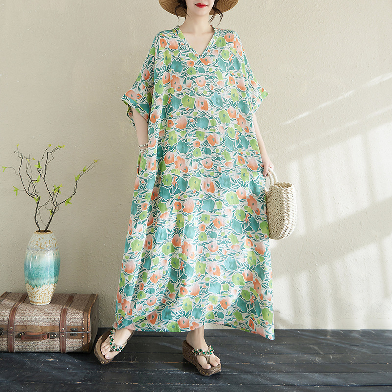 Real Shot Loose plus size Women's V-neck Artistic Retro V-neck Long Printed Cotton Linen Long Cotton Linen Short Sleeve dress