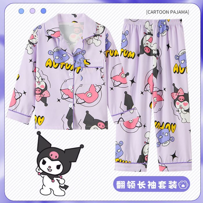 Picture of Children's Pajamas Spring and Autumn Cute Cartoon Boys and Girls Lapel Cardigan Long Sleeve Trousers Children's Home Clothes