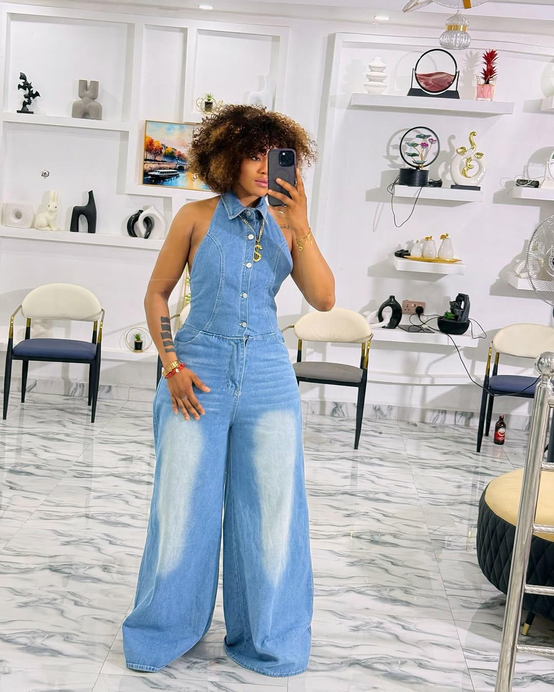Picture of Cross-border Amazon summer new women's European and American style lapel neck single-breasted backless Denim jumpsuit trousers