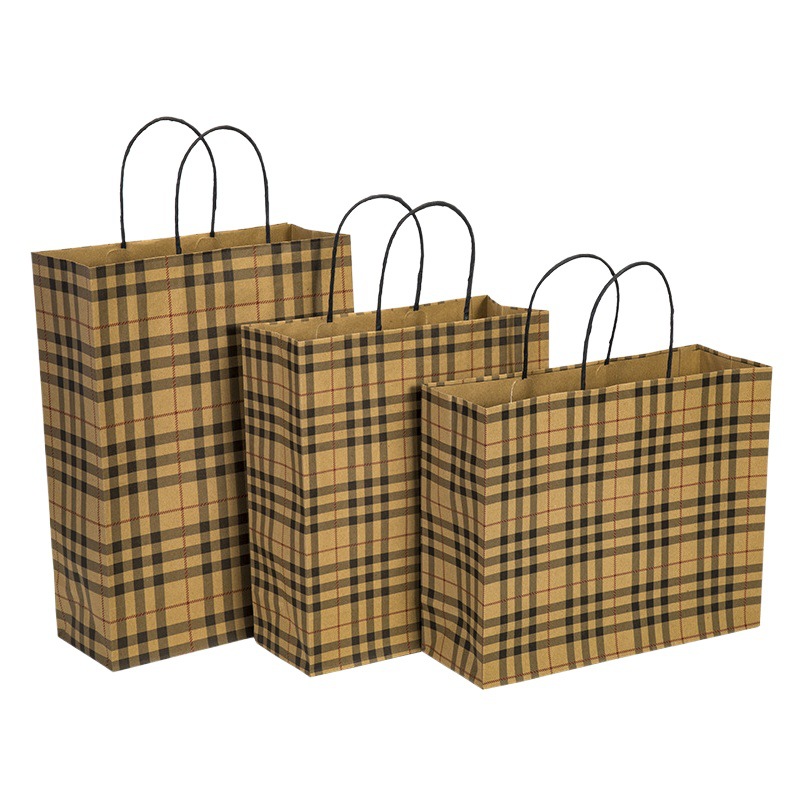 in stock takeaway baking packaging handbag paper bag plaid kraft paper clothing packaging gift bag can be printed LOGO