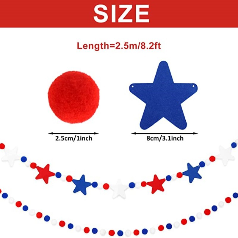 Amazon Patriotic Red, Blue, and White Star Pom-Pom Felt Banner Garland Independence Day Carnival Party Decoration Bunting Banner