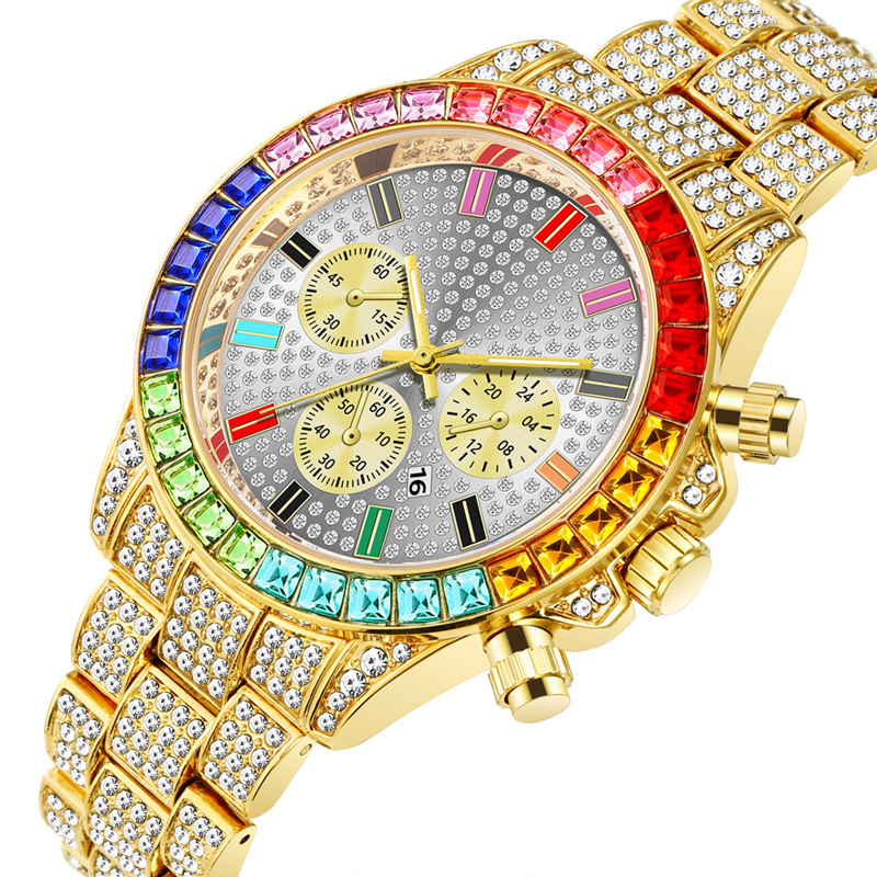 New Foreign Trade Popular Three-Eye Fashion Colored Diamond Calendar Full Diamond Women's Watch Women's Watch Women's Watch Manufacturer