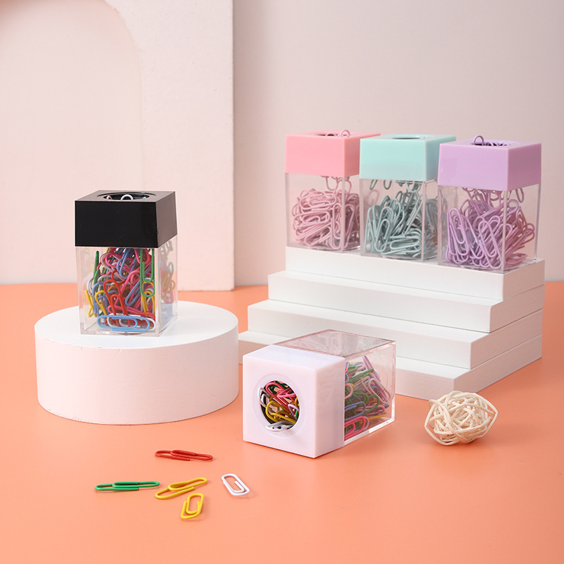 Lideme Square Macaron-Colored Magnetic Paper Clip Storage Bin Plastic Colorful Transparent Paper Clip Holder Three-Dimensional