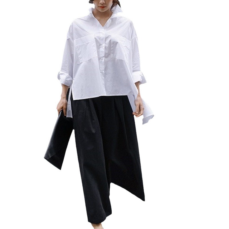 Picture of Spring and Autumn New White Shirt Women's Korean-style Loose Large Size Cape Canopy Long-sleeved Irregular Shirt Fashionable Top