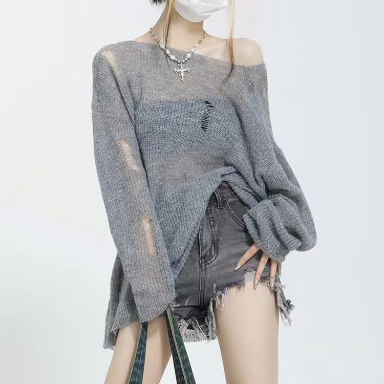 Lazy Style Design Niche Ripped Knitwear Women's Autum Long-Sleeved Loose Sun Protection Shirt Pink Top Trendy