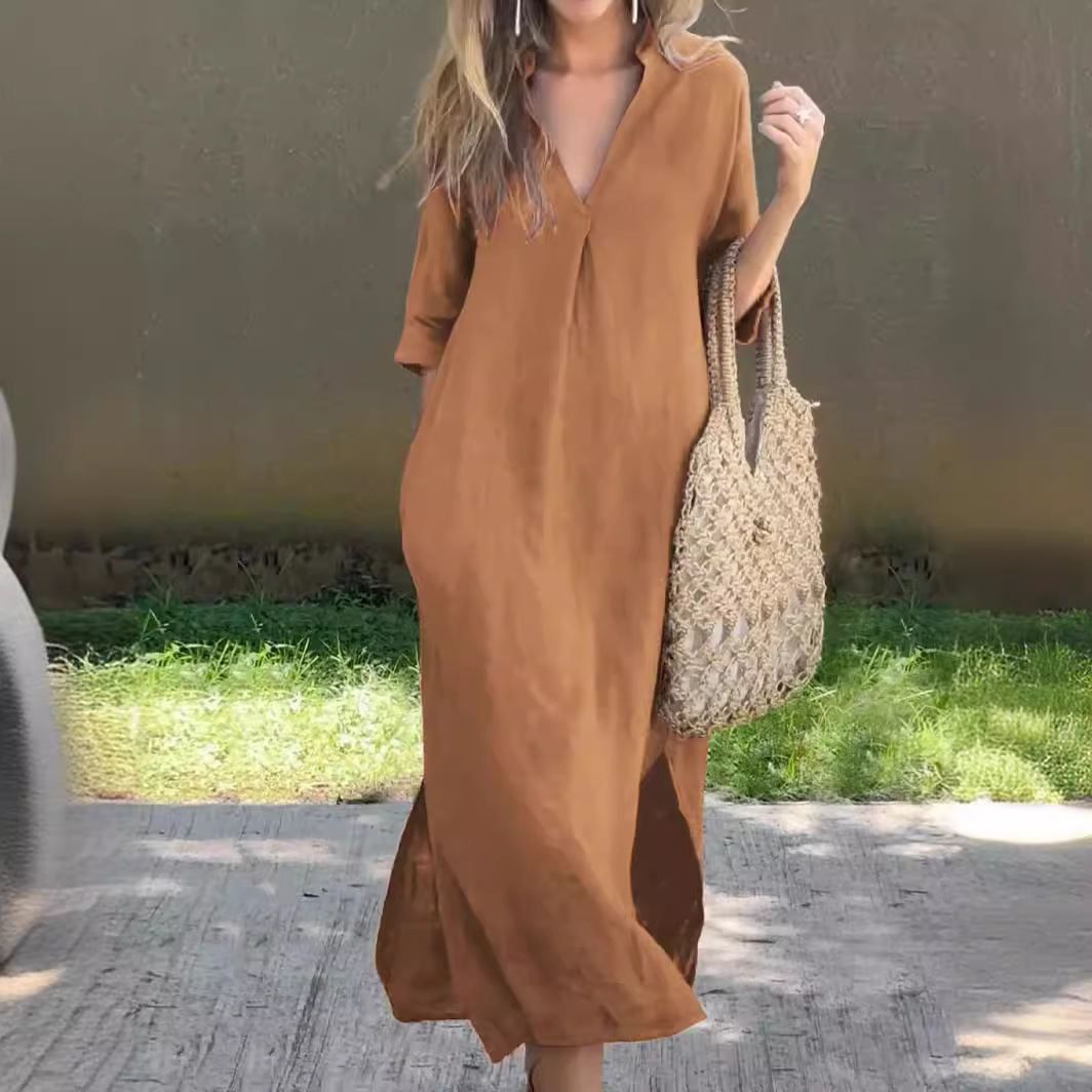 Picture of Amazon independent station cross-border cotton and linen women's summer explosions on both sides of the slit V-neck 7 sleeve chest pleated dress