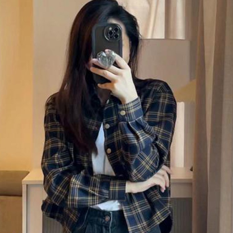 American Style Retro Short Plaid Shoulder Shirt Coat Women's Spring and Autumn Small Design Niche Casual Top