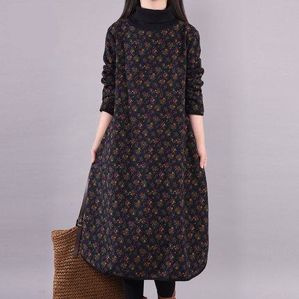 2024 autumn and winter new Korean version of loose plus size women's long fleece-lined thickened high collar small floral dress women