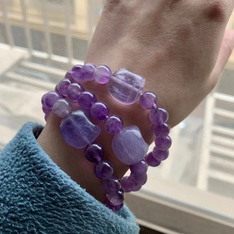 8mm Amethyst Bracelet Faceless Cat Pendant Round Bead Bracelet Stretch Cartoon Natural Cat Head Bracelet for Women Cross Border