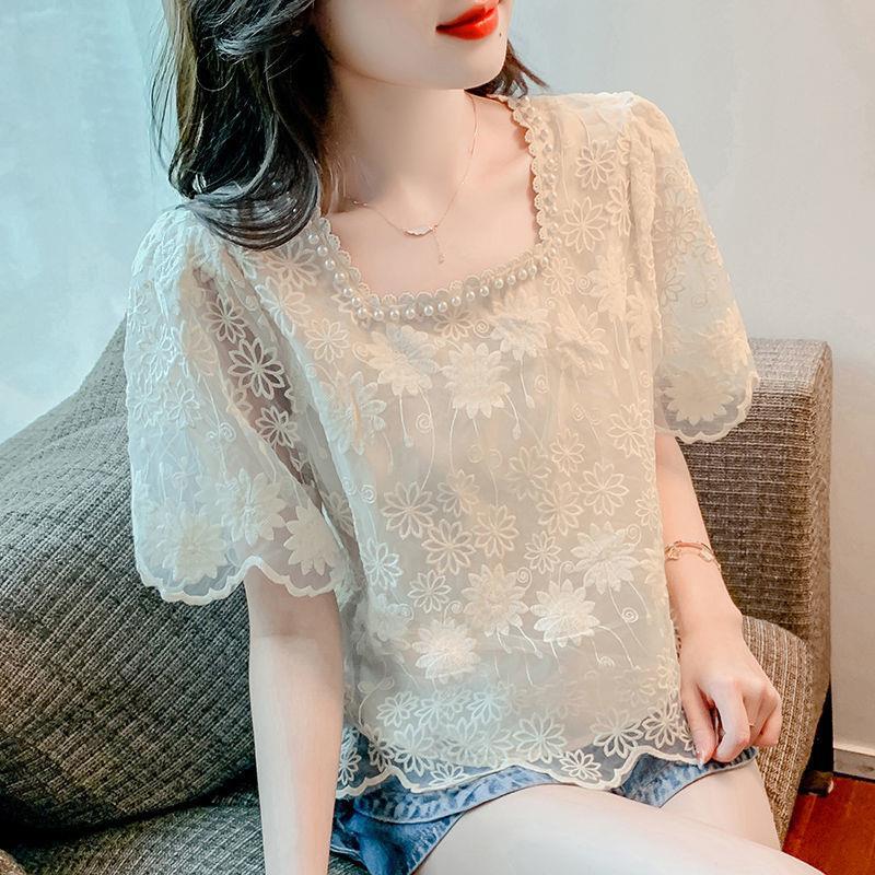 Sweet elegant new embroidered chiffon shirt Women's square collar beaded design sense niche lace thin age-reducing top