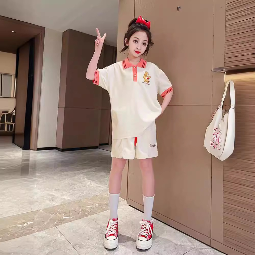 Girls' suit Summer 2024 New Children's Summer Casual Short-sleeved Polo Shirt Shorts Two-piece Outer