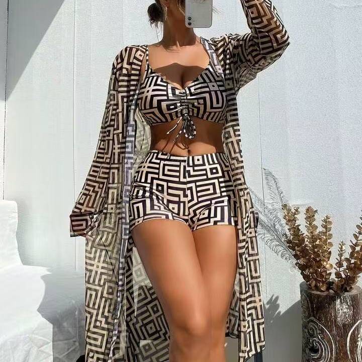 New European and American Amazon Explosions Women's Split Swimsuit Blouse Three-piece Set Push-up Pleated Swimsuit High Waist Swimsuit