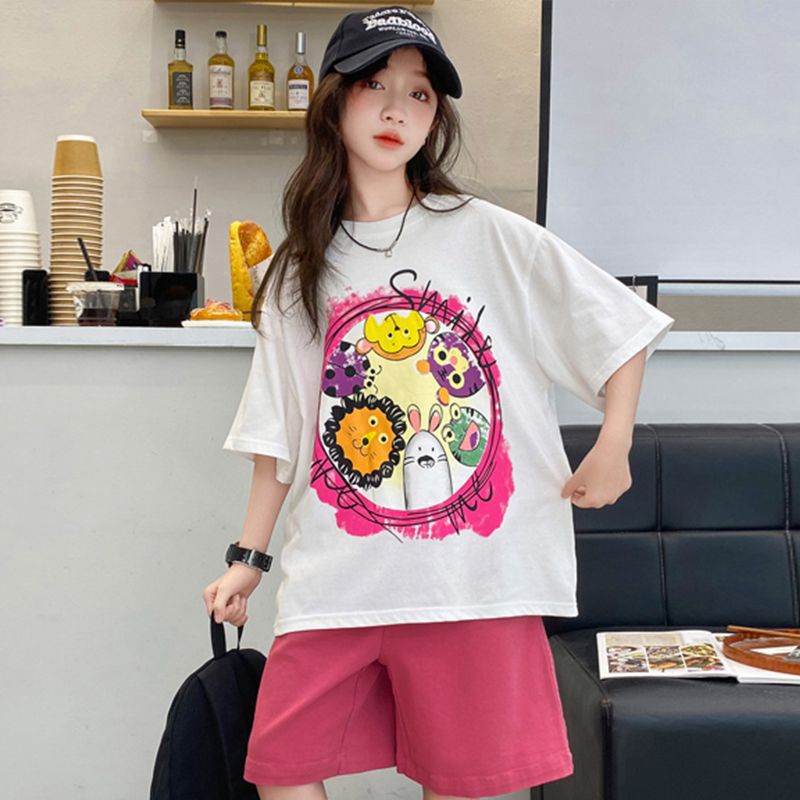 25 Summer Girls Cartoon Cotton Short-sleeved Girls' Korean Style Foreign Style suit Fashionable Children's Foreign Style Sports Two Pieces